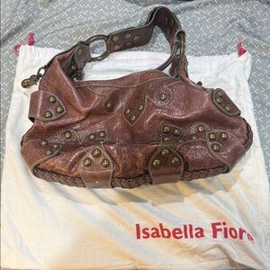 Isabella Fiore Brown Leather Shoulder Bag with Brass Accents
